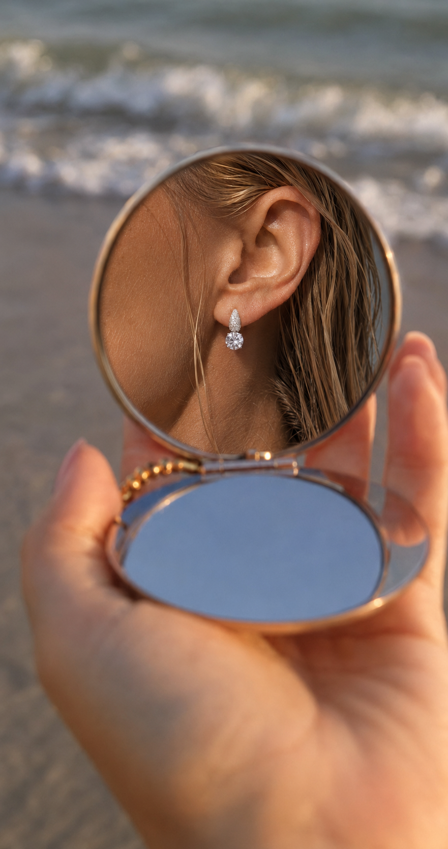 Close-up cu cercei din argint rodiat și moissanite editorial shooting